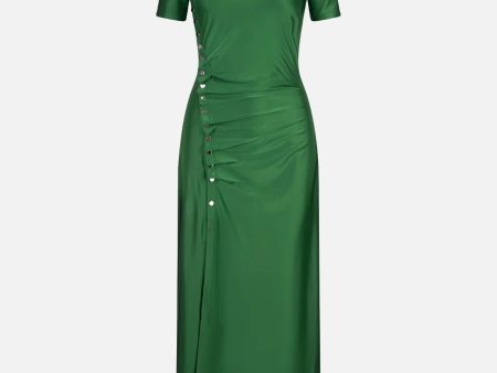 Stretch Asymmetric Satin Dress in Emerald For Cheap