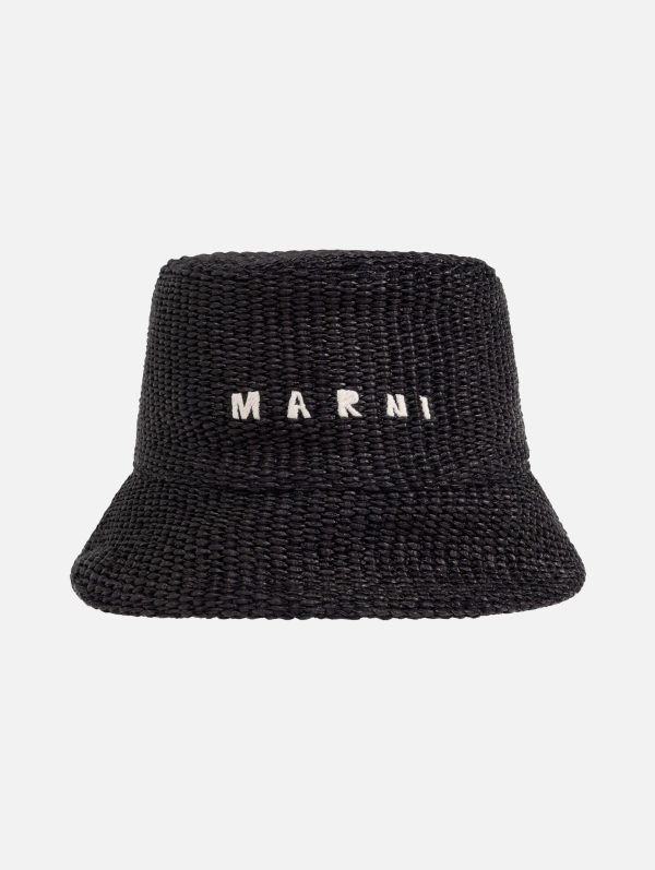 Logo-embroidered Raffia Bucket Hat in Black on Sale