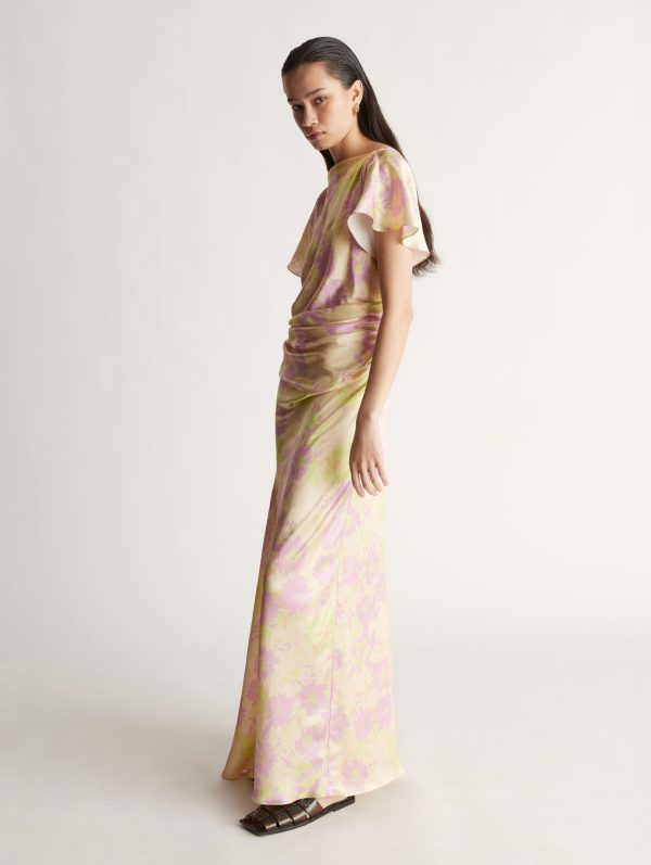 Annette Silk Drape Dress in Peach Floral For Sale