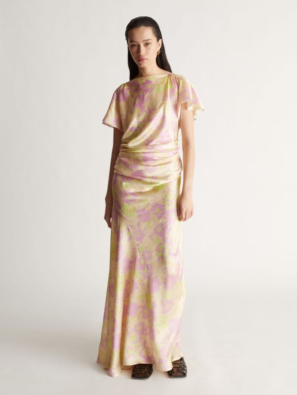 Annette Silk Drape Dress in Peach Floral For Sale