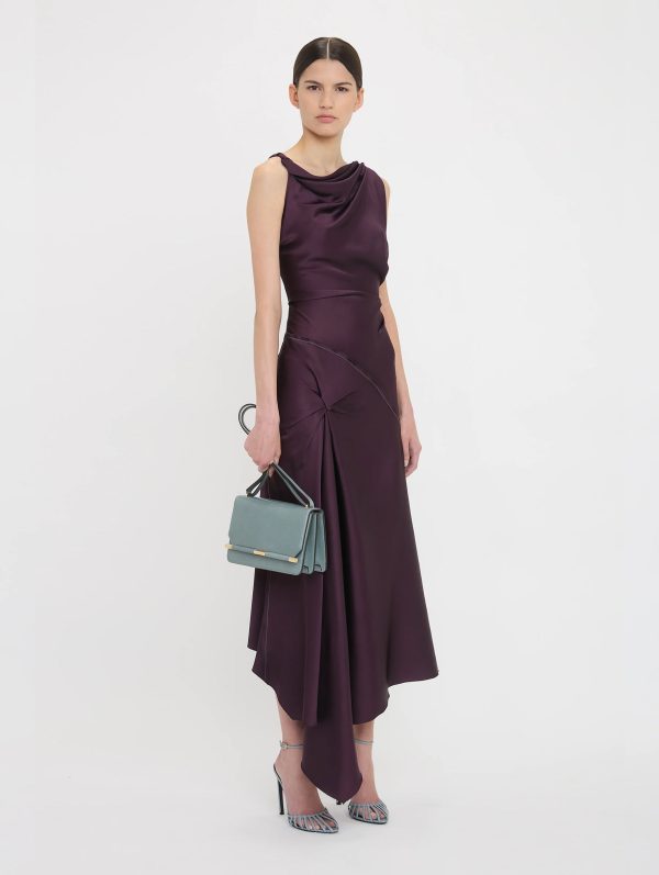 Asymmetric Draped Midi Dress in Fig Fashion