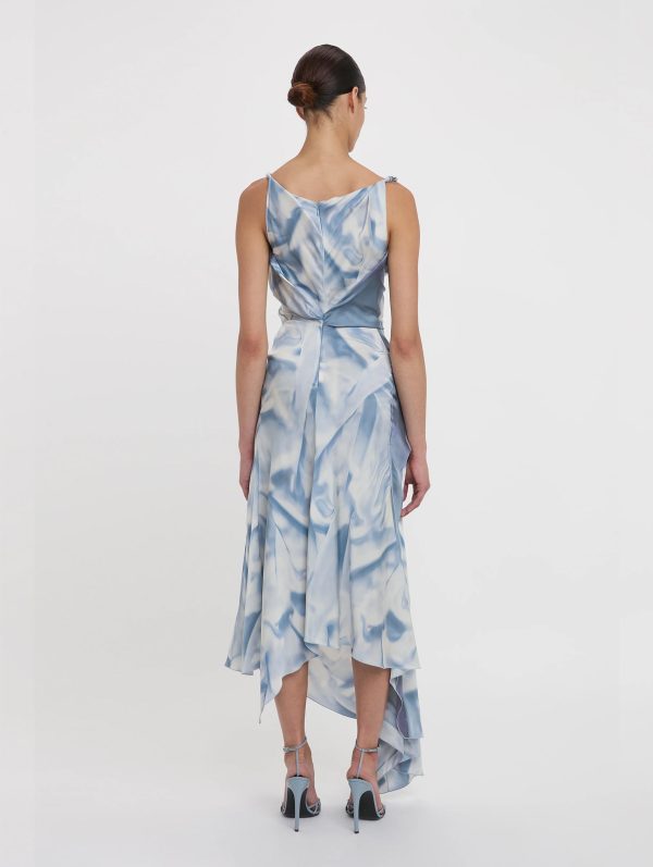 Asymmetric Draped Midi Dress in Ice Blue Satin Flowers Discount