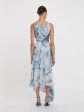 Asymmetric Draped Midi Dress in Ice Blue Satin Flowers Discount