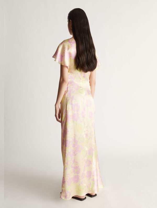 Annette Silk Drape Dress in Peach Floral For Sale