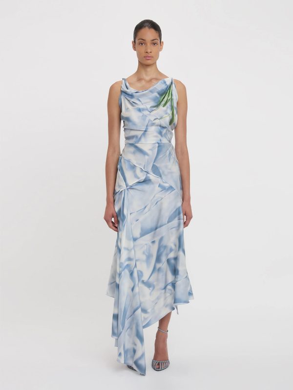 Asymmetric Draped Midi Dress in Ice Blue Satin Flowers Discount