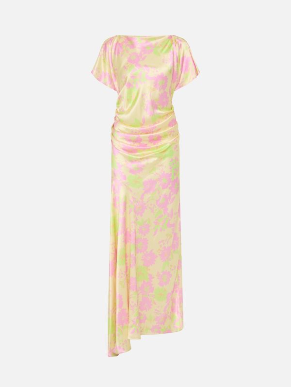 Annette Silk Drape Dress in Peach Floral For Sale