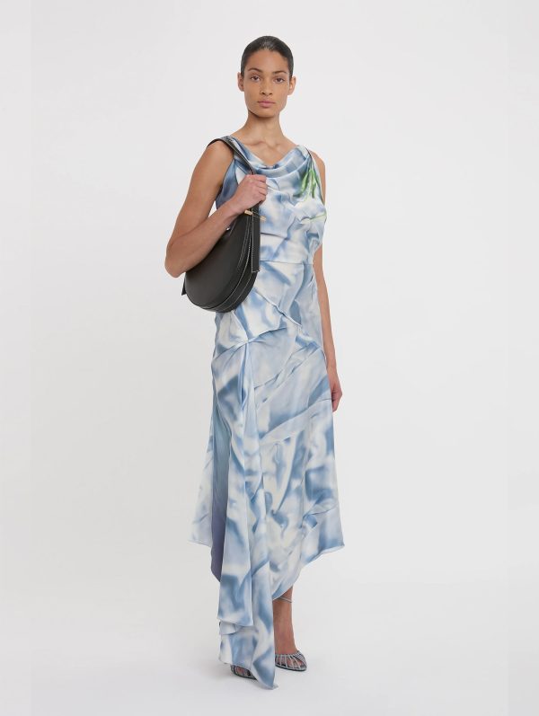 Asymmetric Draped Midi Dress in Ice Blue Satin Flowers Discount