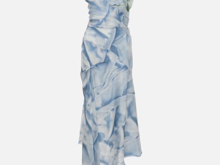 Asymmetric Draped Midi Dress in Ice Blue Satin Flowers Discount