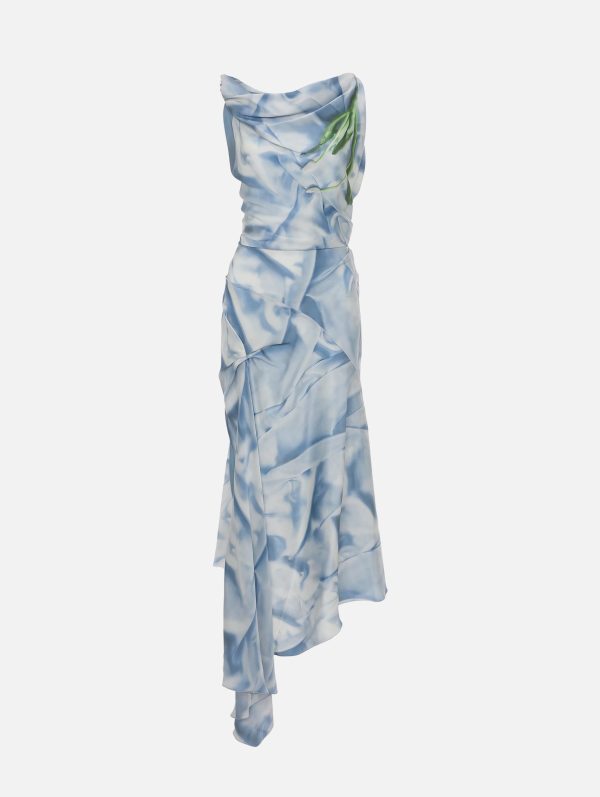 Asymmetric Draped Midi Dress in Ice Blue Satin Flowers Discount